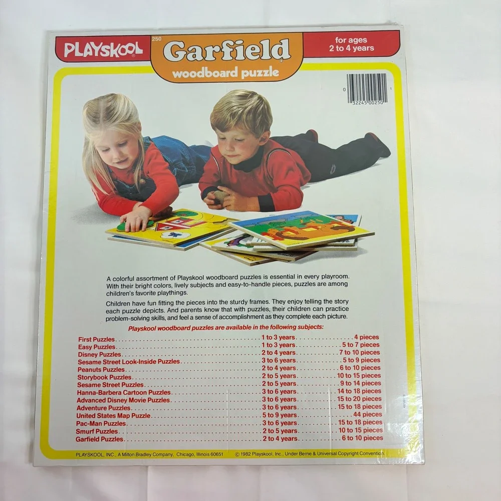 2 VINTAGE Playskool Garfield Woodboard 7 pc Puzzles Hello Flower/Slurp 2-4 Years